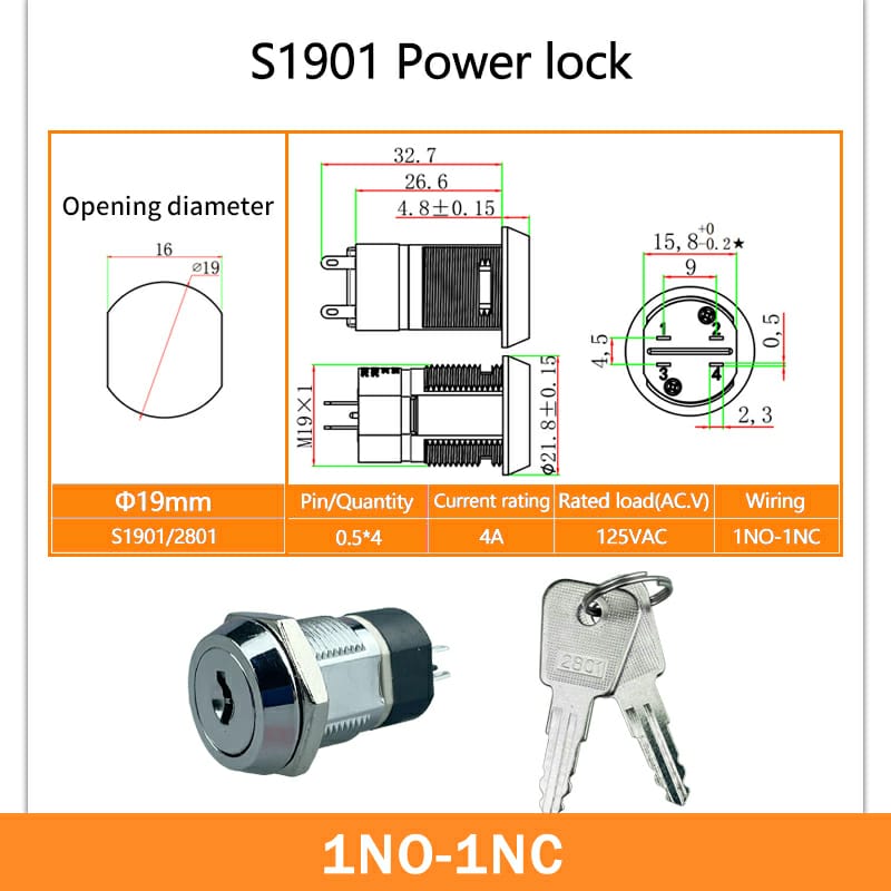 MR-195C 19MM SWITCH WITH KEY METAL KEY (0-1) 19mm
