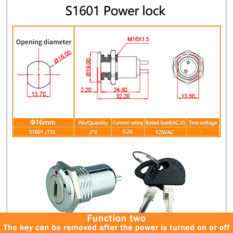 MR-195B 16MM SWITCH WITH KEY METAL KEY (0-1-2) 16mm