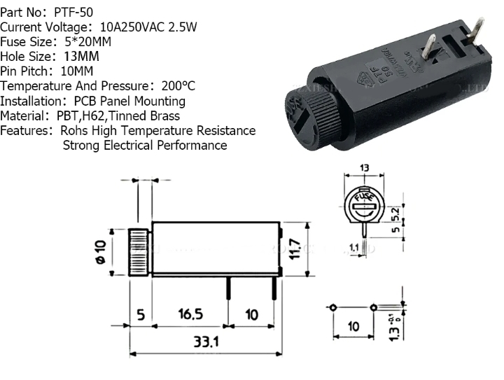 MR-235B FUSE (FUSE SLOT 5X20MM) 90° PCB PIN CHASSIS MOUNTING TYPE