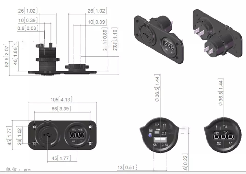 USB ŞARJ CİHAZI 1A 2.1A DİJİTAL VOLTMETRE 12V 24V PANO TİP ŞARJ SÖKETİ