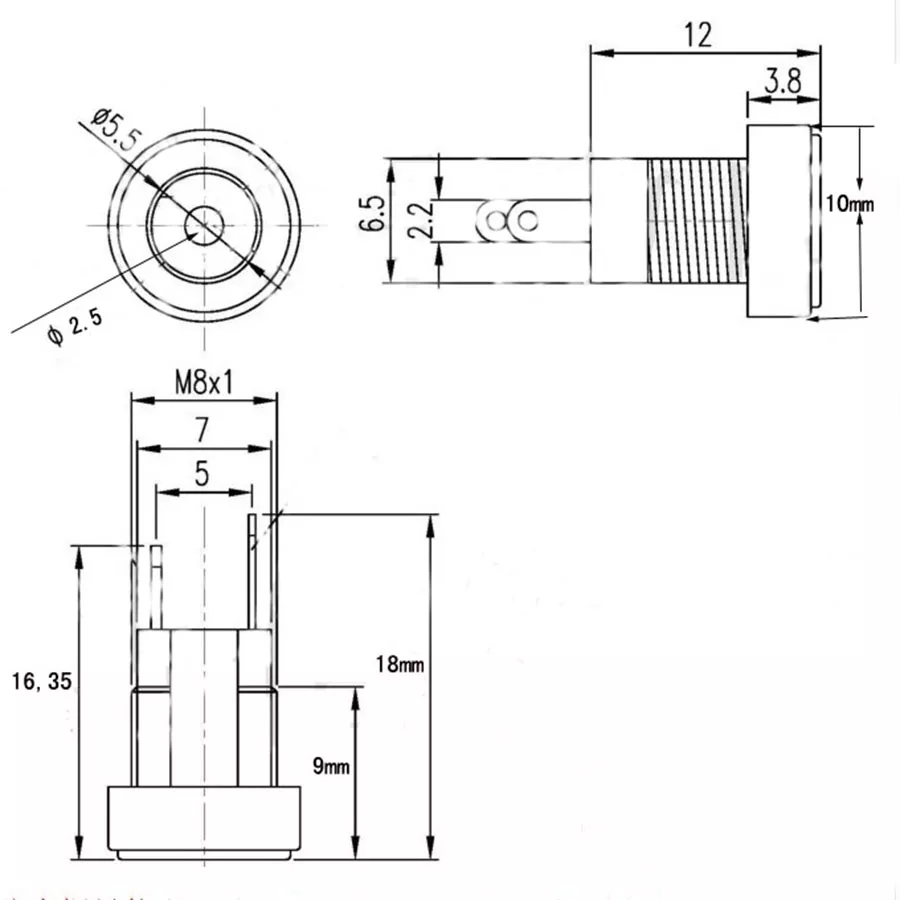 MR-258B-1 DC ŞASE 2,1MM YUVARLAK 8MM 5.5X2.1mm