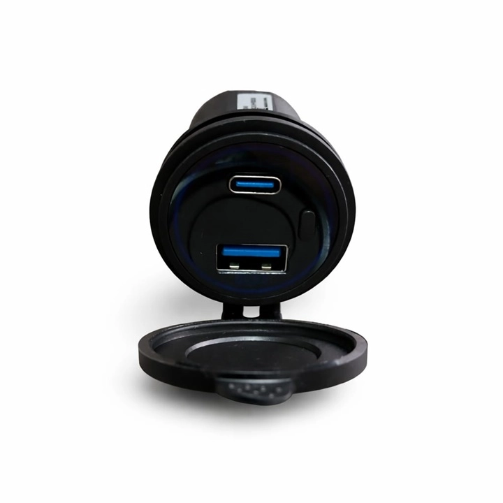 Panel-mounted dual USB 3.0 + Type-C socket 12-24V with push button and blue LED.