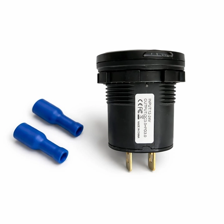 Panel-mounted dual USB 3.0 + Type-C socket 12-24V with push button and blue LED.