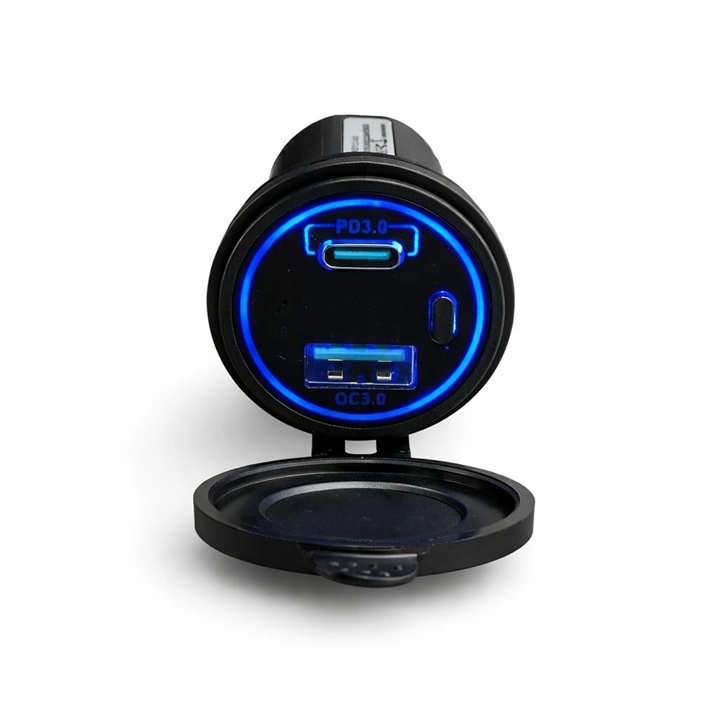 Panel-mounted dual USB 3.0 + Type-C socket 12-24V with push button and blue LED.