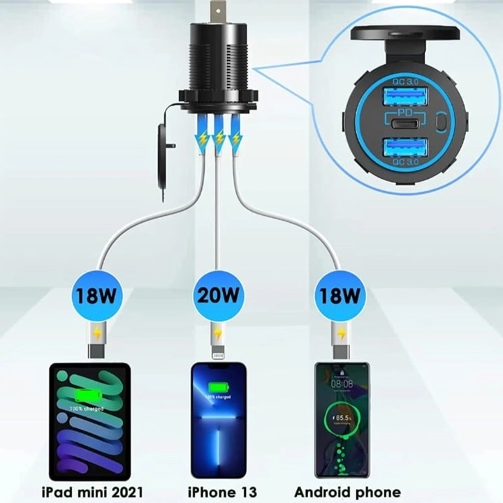 ANAHTARLI PANO TİP 2 Lİ USB 3.0 + TYPE-C SOKET PD TİP 12-24V MAVİ