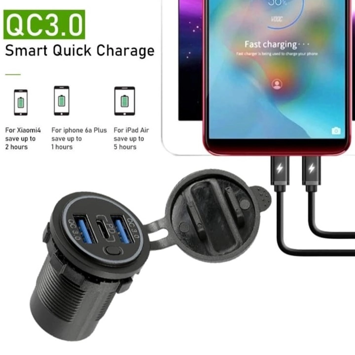 ANAHTARLI PANO TİP 2 Lİ USB 3.0 + TYPE-C SOKET PD TİP 12-24V MAVİ