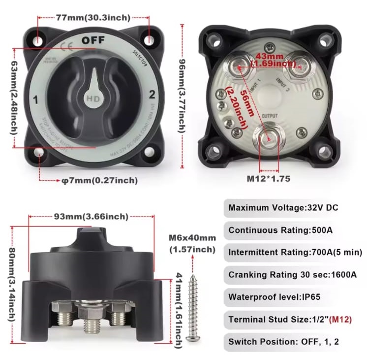 MR-275H AKÜ DEVRE KESİCİ ŞALTERİ 500A AGIR HİZMET 3P 12-32V OFF 1+2 