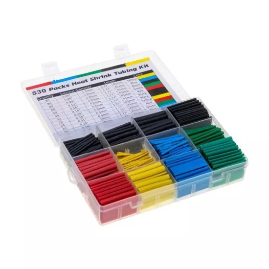 BOXED HEAT SHRINK TUBE SET 530 PIECES 8 SIZES 5 COLORS