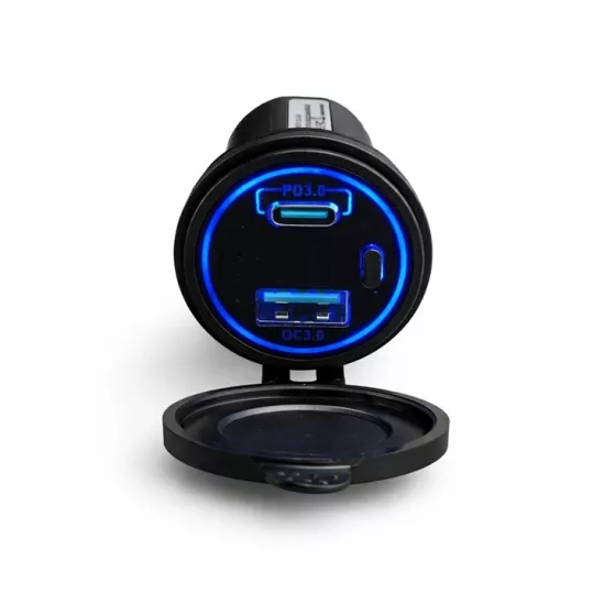 Panel-mounted dual USB 3.0 + Type-C socket 12-24V with push button and blue LED.