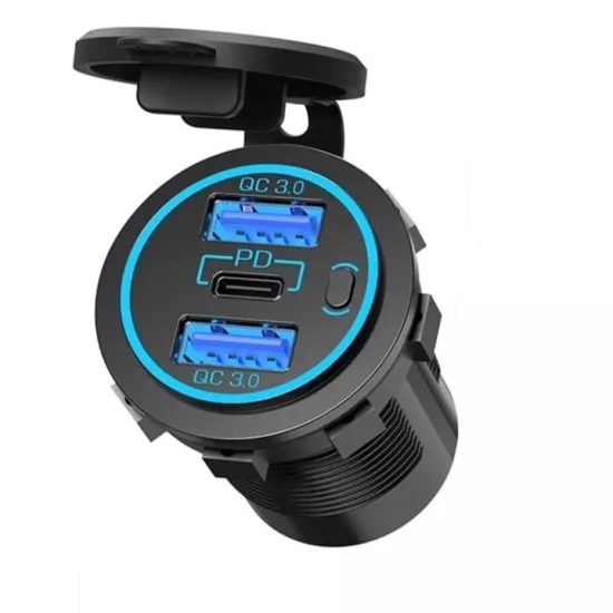 ANAHTARLI PANO TİP 2 Lİ USB 3.0 + TYPE-C SOKET PD TİP 12-24V MAVİ